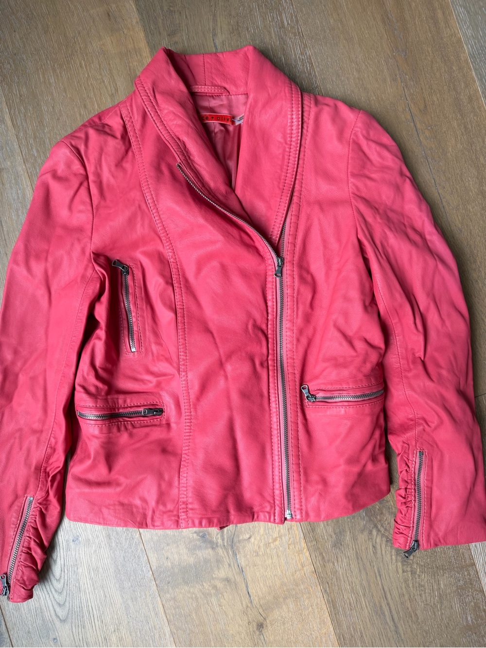 Alice + Olivia Coral Pink Leather Moto Jacket size small